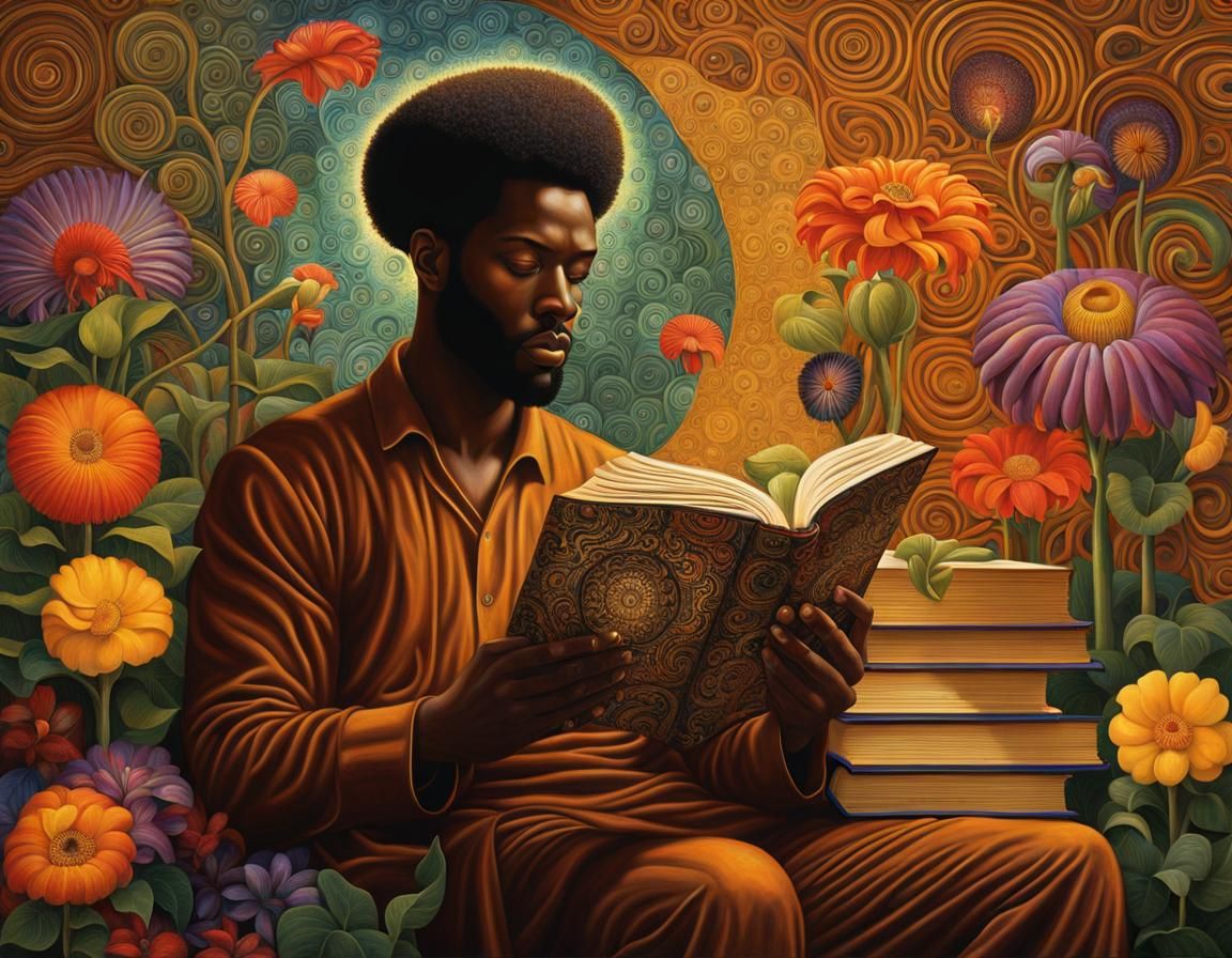 Man Reading with Exotic Flowers in Bauhaus Style