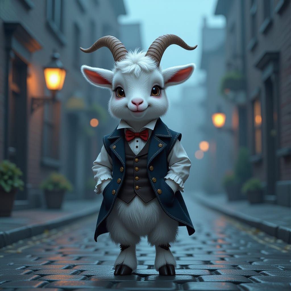 Victorian Goat Character in Foggy Gaslit City