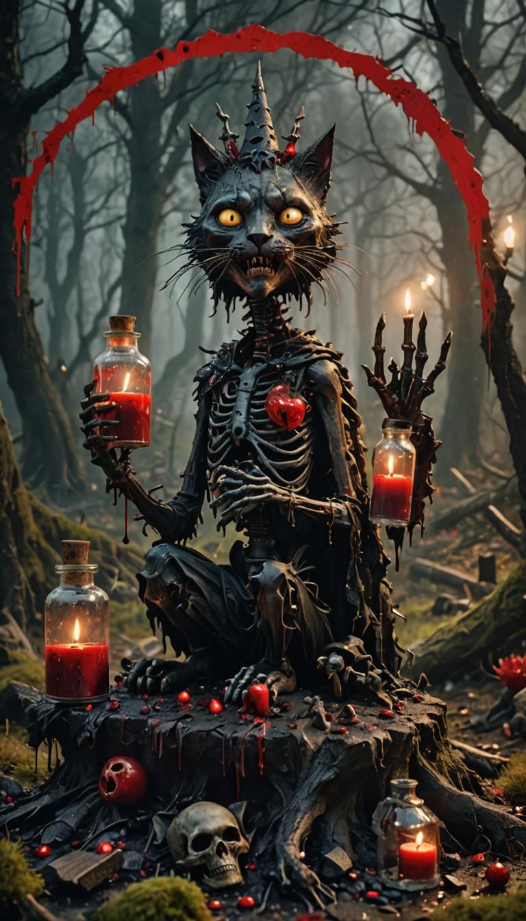 Horror Landscape with Demonic Witch in Bottle