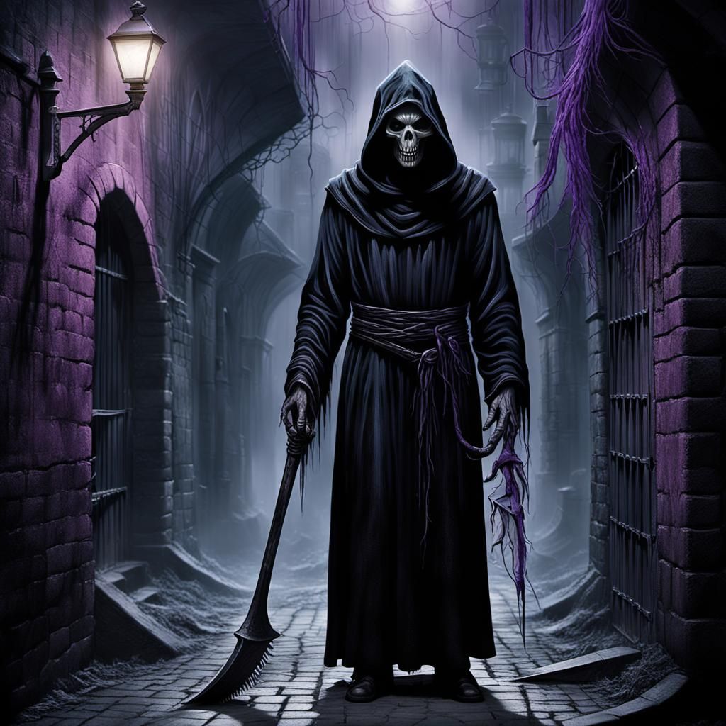 Grim Reaper in Dim Alleyway: A Surrealist Vision