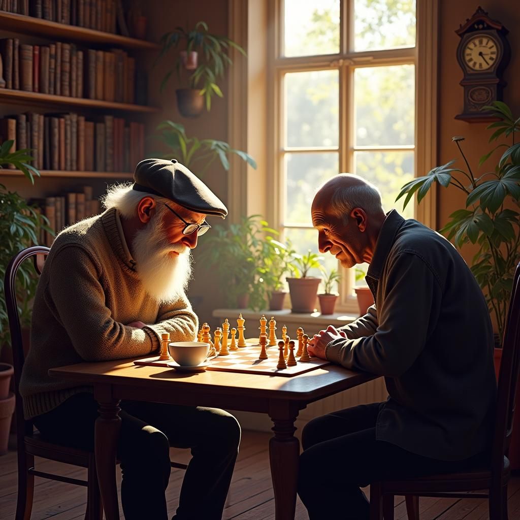 Two elderly men engaged in a game of chess.