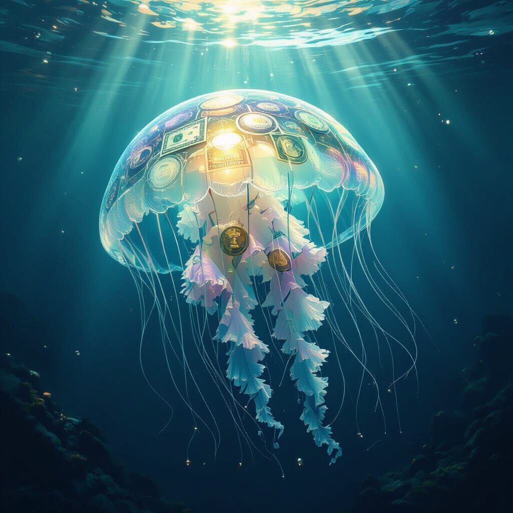 Jellyfish Made of Money in Mystical Ocean Trench
