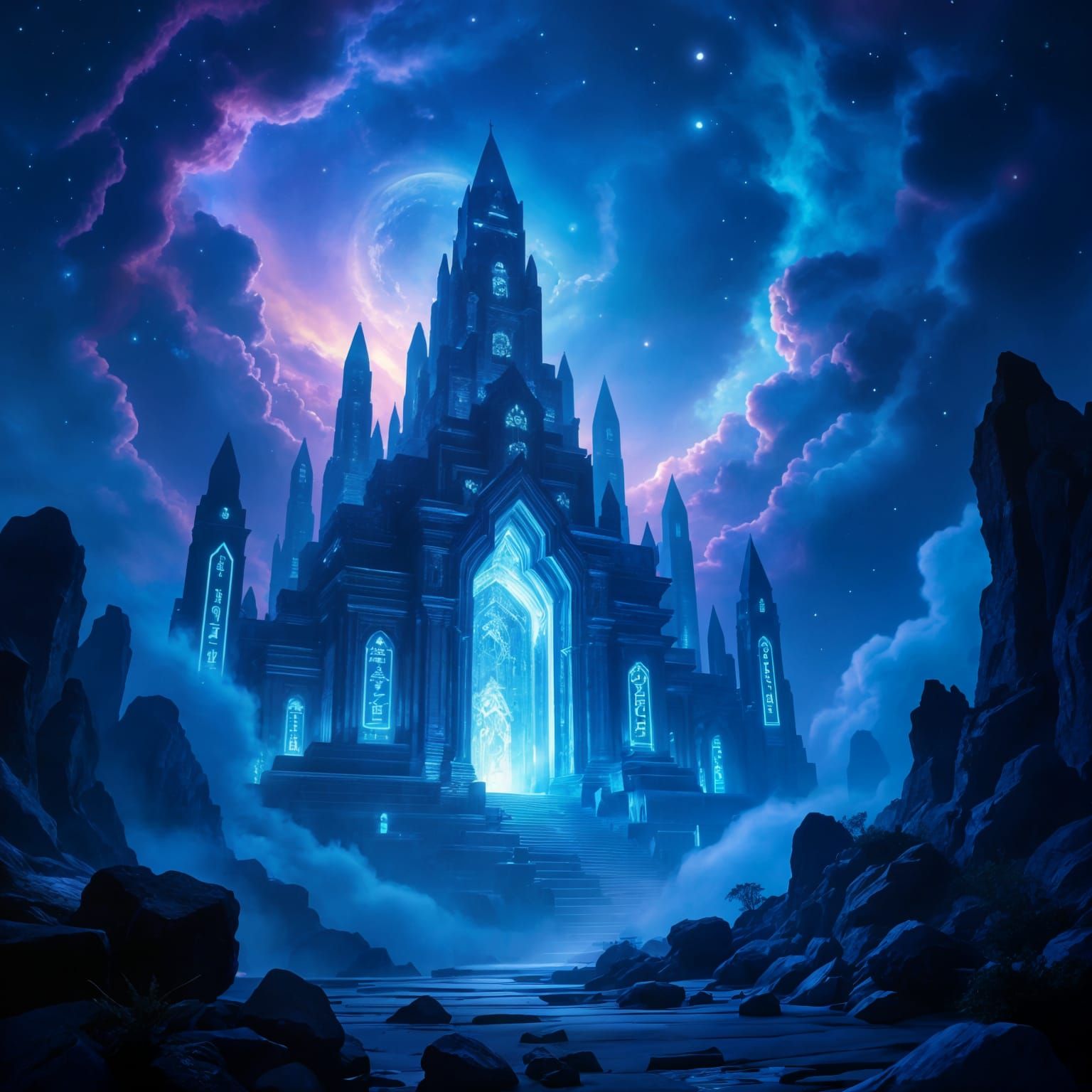 Ethereal Temple in Nebula with Alien Flora and Crystal Struc...