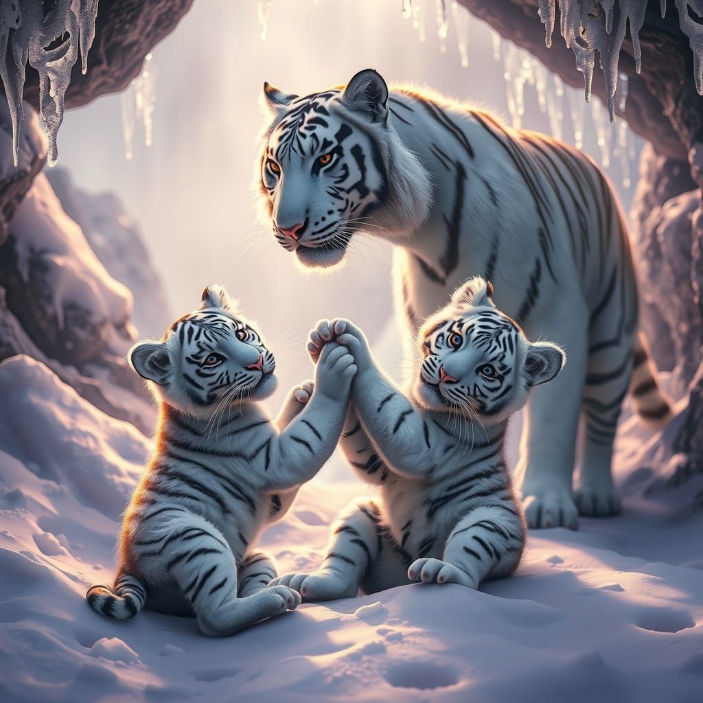 Majestic White Tiger Cubs Wrestle in Snowy Mountain Cave