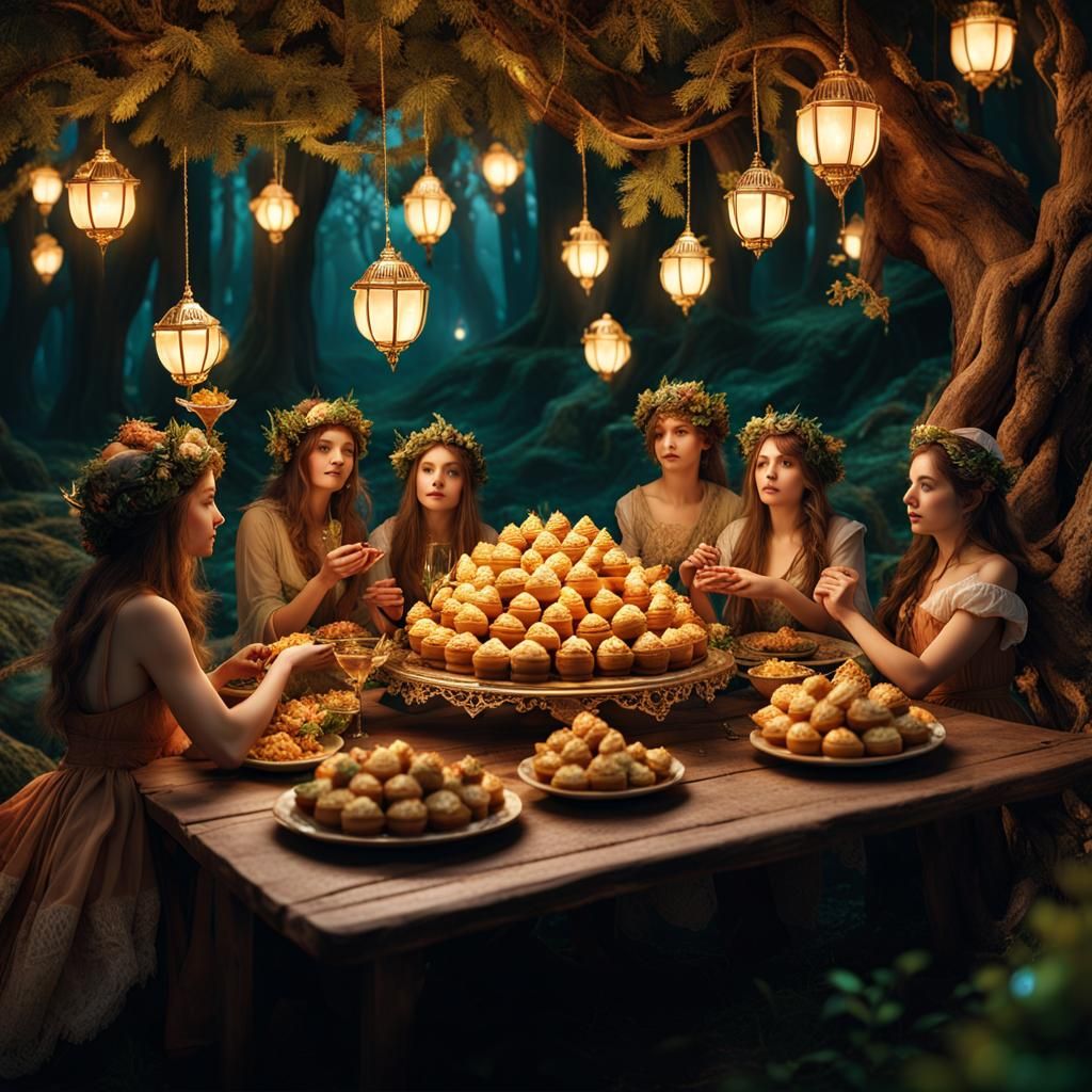 Fairies and Elves Feast in a Magical Forest