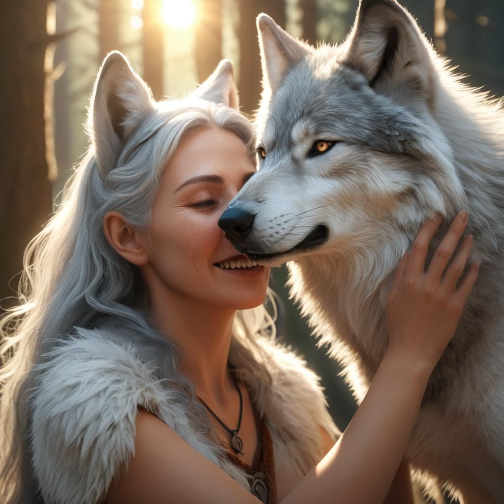 Silver-Haired Wolf Woman in Fantasy Wilderness