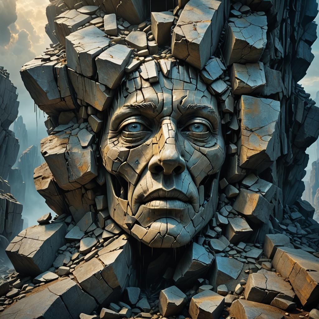 Ethereal Floating Stone Face in Surreal Landscape