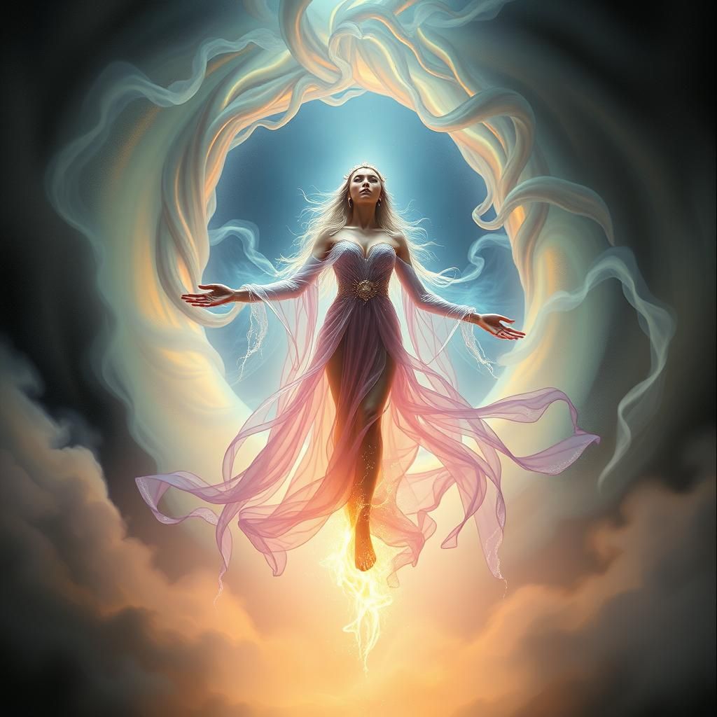 Ethereal Woman's Crystalline Transformation in Surreal Style