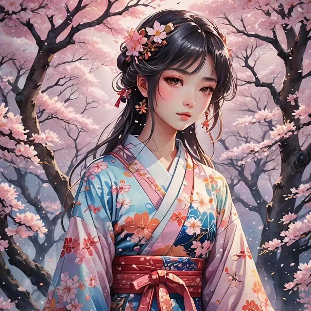 Girl in Kimono with Cherry Blossoms: Anime Art