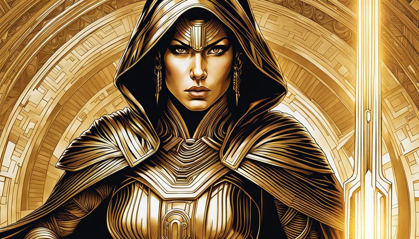 Sith Warrior in Gold: Detailed Line Art