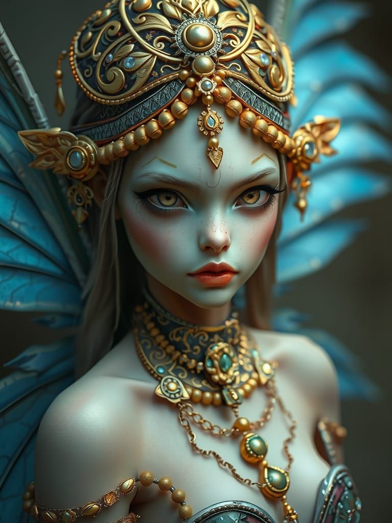 Alien Faerie with Golden Jewelry and Blue Wings