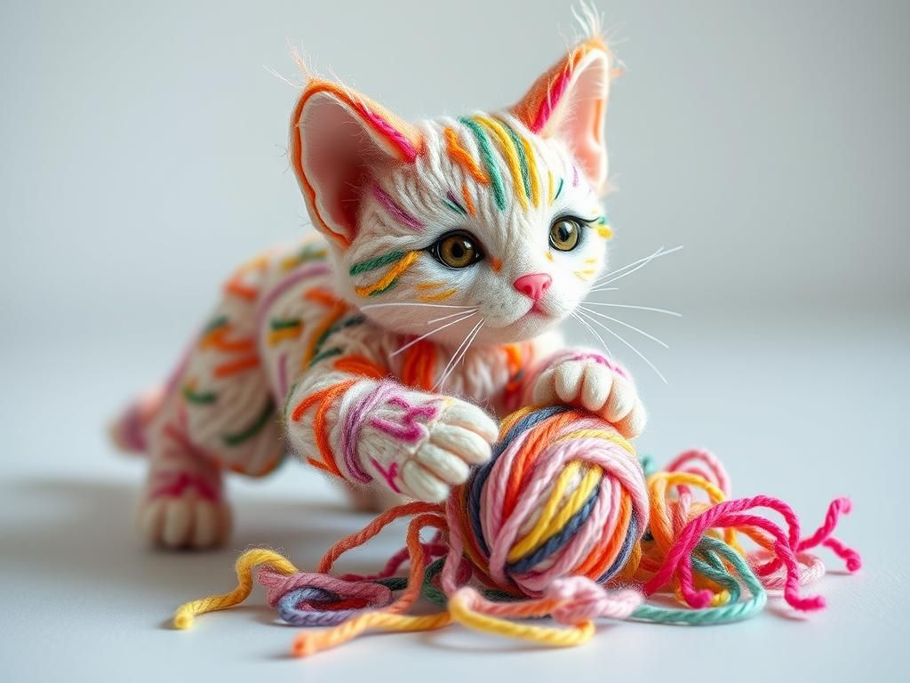 Playful Yarn Kitten in Folk-Art Style