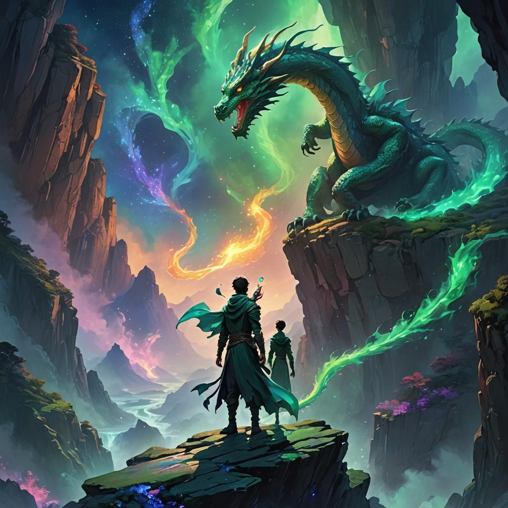 Mystical Dragon Humanoid on Glowing Cliff Edge