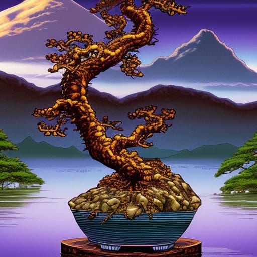 Glowing Gold Bonsai in Lake: Comic Book Art