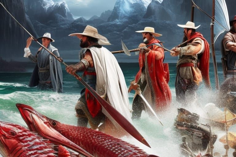 Fishermen Harpooning Tuna: Hyperrealistic and Dramatic Scene