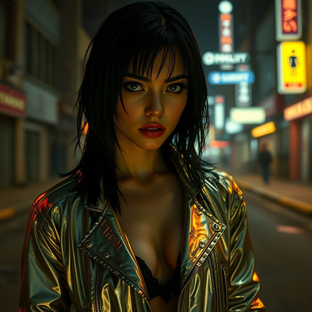 Cyberpunk Woman in Neon-Lit Street