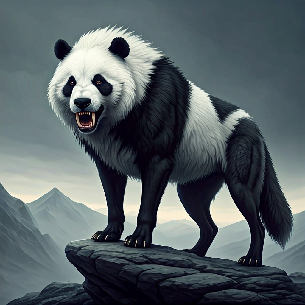 Majestic Panda-Wolf Creature Stands on Rocky Mountain Outpos...