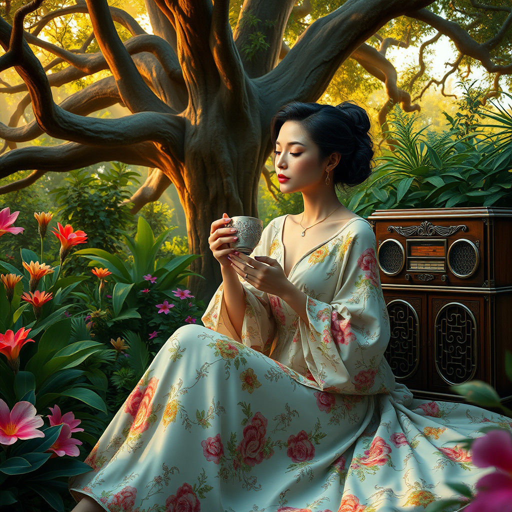 Elegant Woman Sipping Coffee in Lush Garden