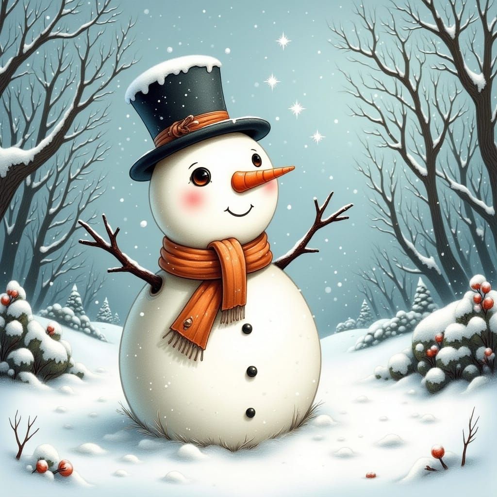Whimsical Snowman in Winter Wonderland as Illustration