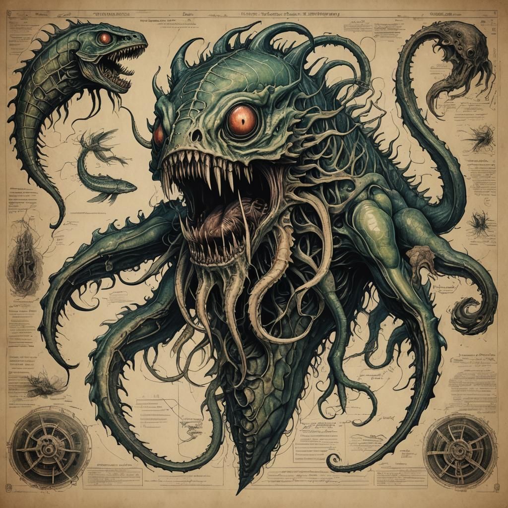 Lovecraftian Fish Monster Anatomical Drawing
