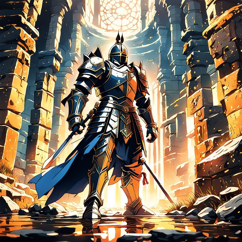 Knight's Descent: Anime Scene in Ancient Temple