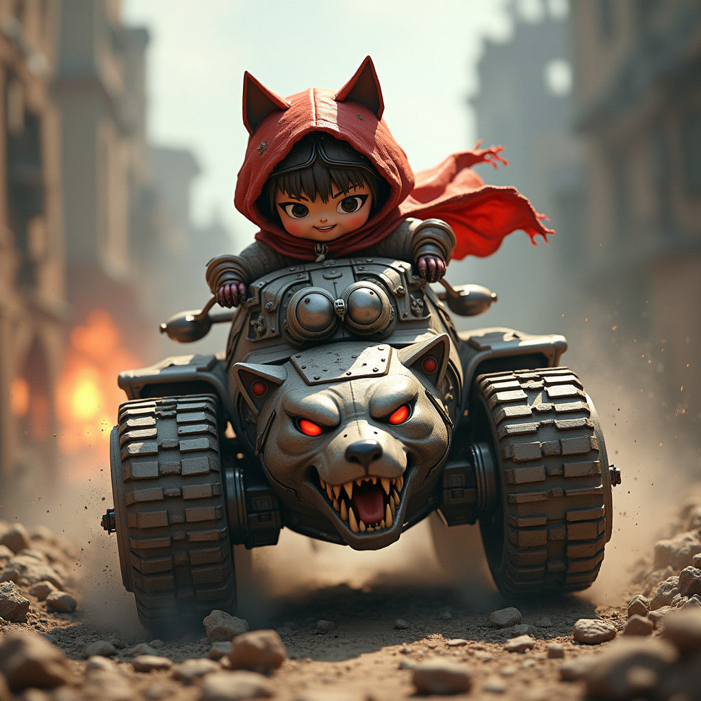 Chibi Red Ridinghood Races Wolf Tank in Wasteland