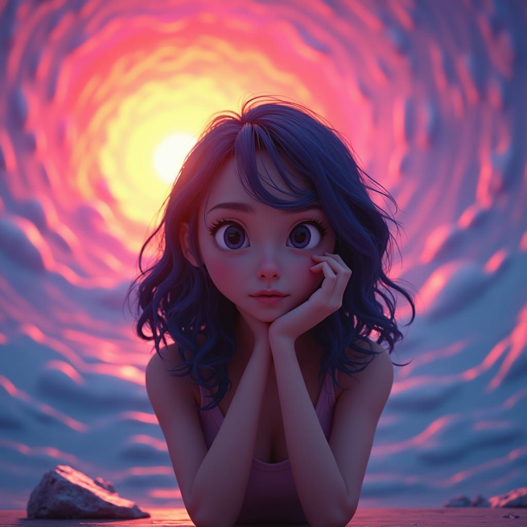 Woman in Swirling Gradients, Pixar-Inspired 3D Render