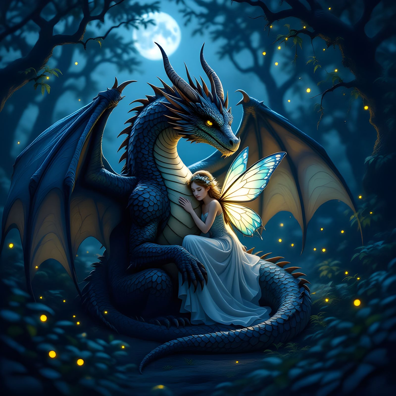 Dragon and Fairy Napping in Enchanted Dark Forest