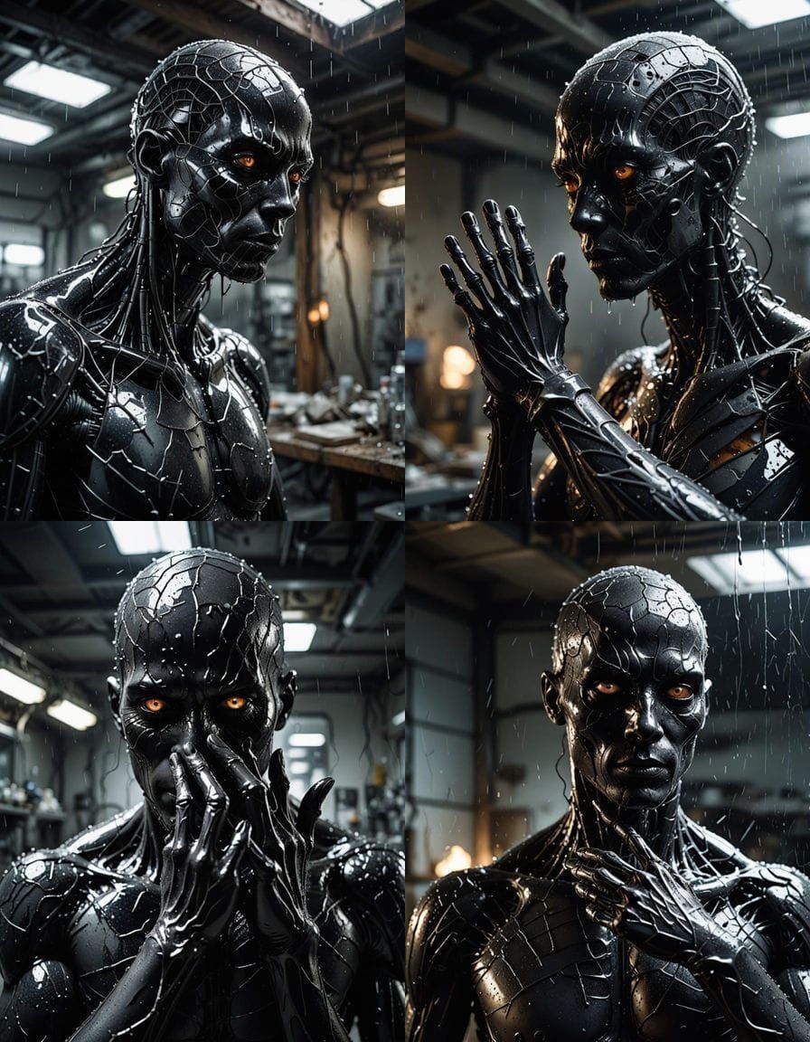 Photoreal photograph of a single humanoid figure mid-transfo...