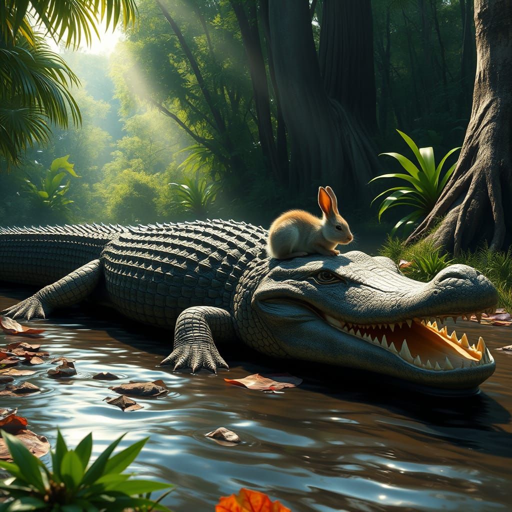 Massive Crocodile and Tiny Rabbit: Hyperrealistic Jungle Sce...