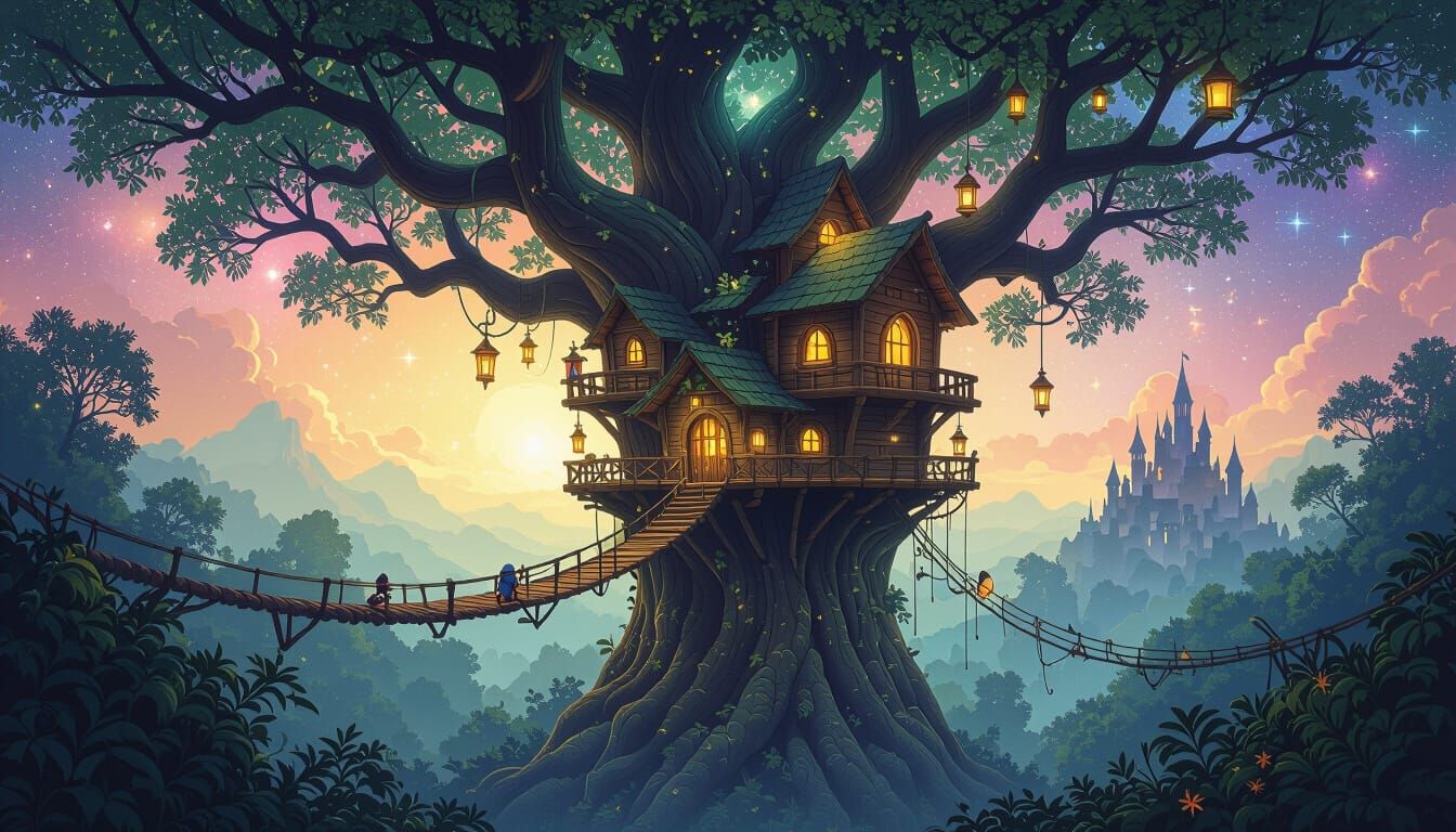 Magical Treehouse Village in Ancient Forest Canopy