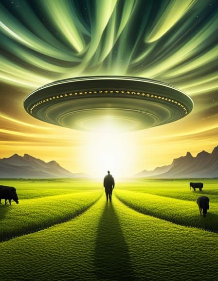 UFO over Cow Field: Vintage Sci-Fi Masterpiece