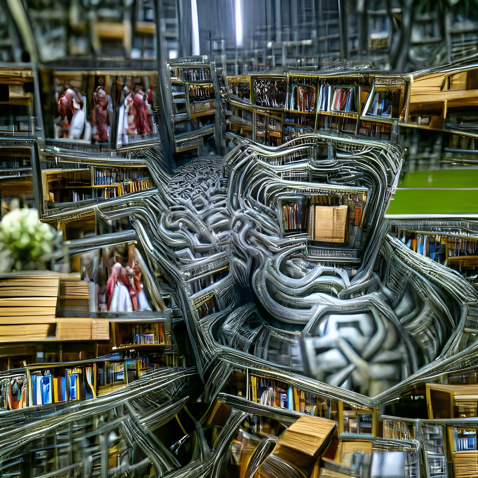 Steel and Bookshelf Labyrinth: Hyperdetailed 8K Render