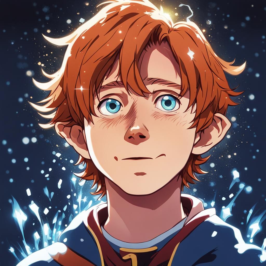 Ron Weasley Portrait with Magical Sparkles in Anime Style