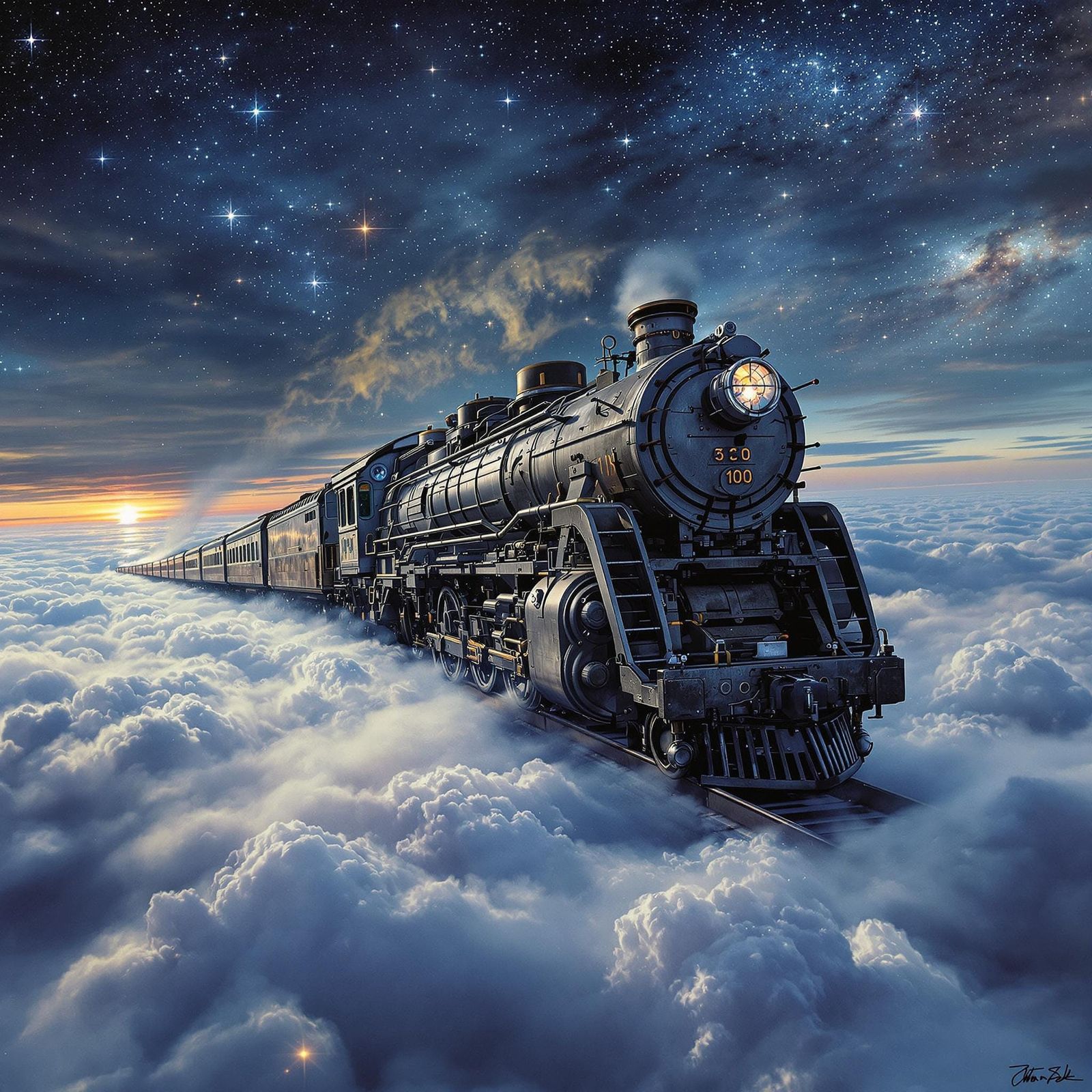 Industrial Train Soaring Through Starry Cloudscape