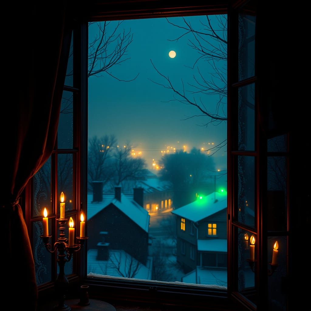 Winter Cityscape Through Ornate Window