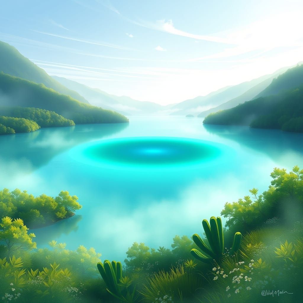 Glowing Turquoise Lake in Ethereal Digital Art Style