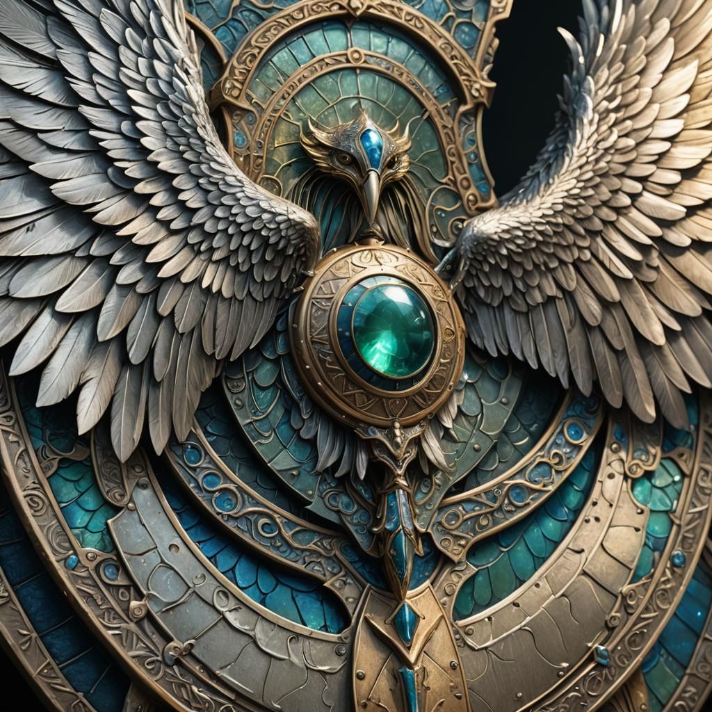 Silver Scale on Shield with Wings, Fantasy Art