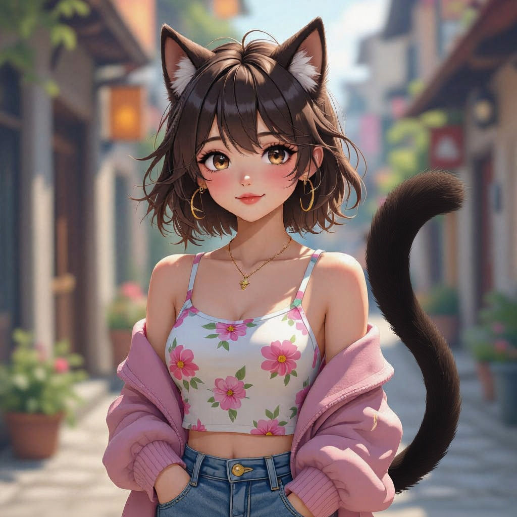 Anime Girl with Wolf Cut in 3D Style