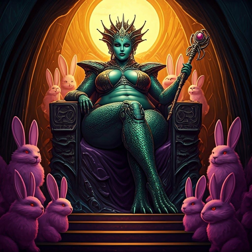 Reptilian Alien Queen and her pet bunnies🦎💚🐇