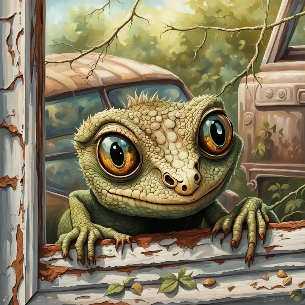 Hyperrealistic Lizard on a Broken Window Sill