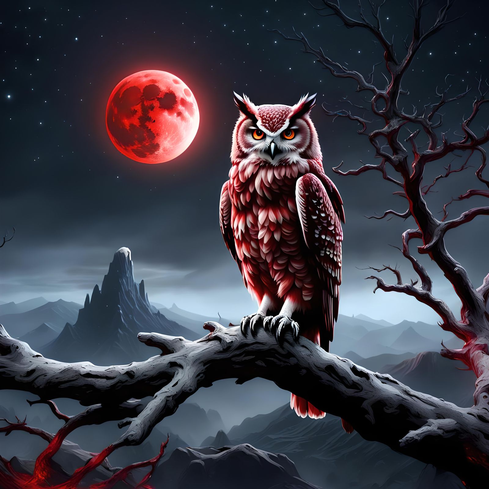 Sinister Owl Under Red Blood Moon