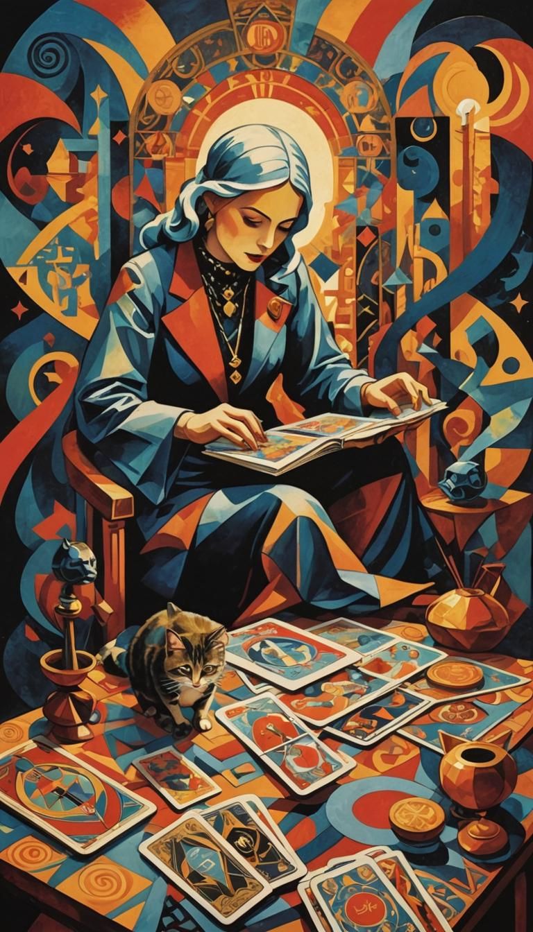 Cubist Cat Designer Creating Death Dance Tarot Cards
