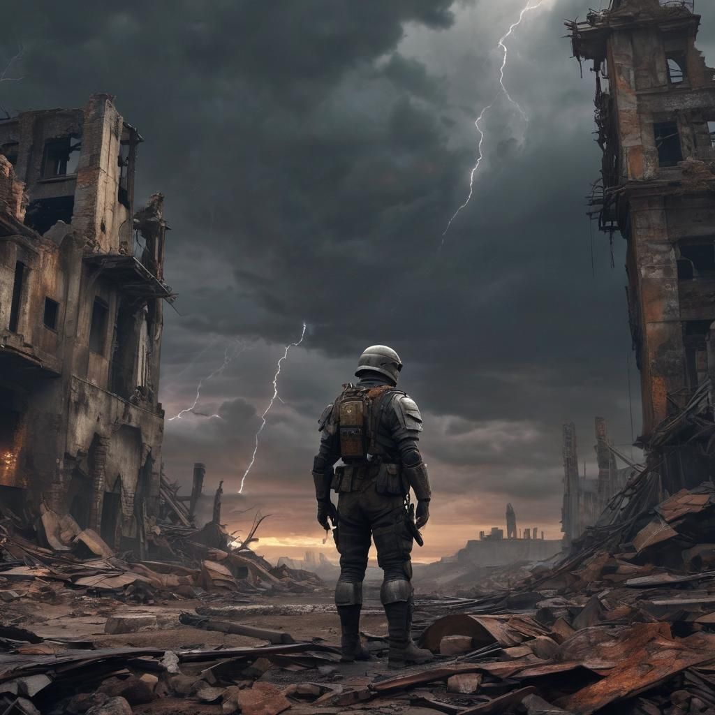 Post-Apocalyptic Soldier in Ruined Cityscape