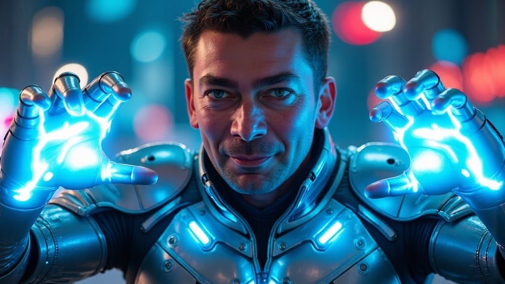 Futuristic Superhero in Neon Armor with Energy Arcs