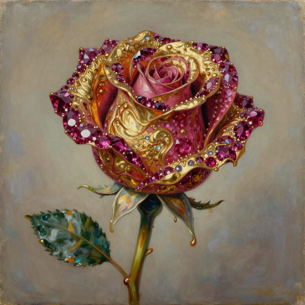 Melting Ruby and Gold Rose in Surrealist Oil Painting Style