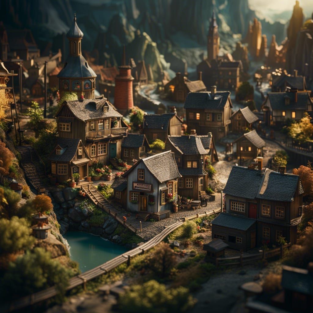 Detailed Miniature Town Model Digital Matte Painting