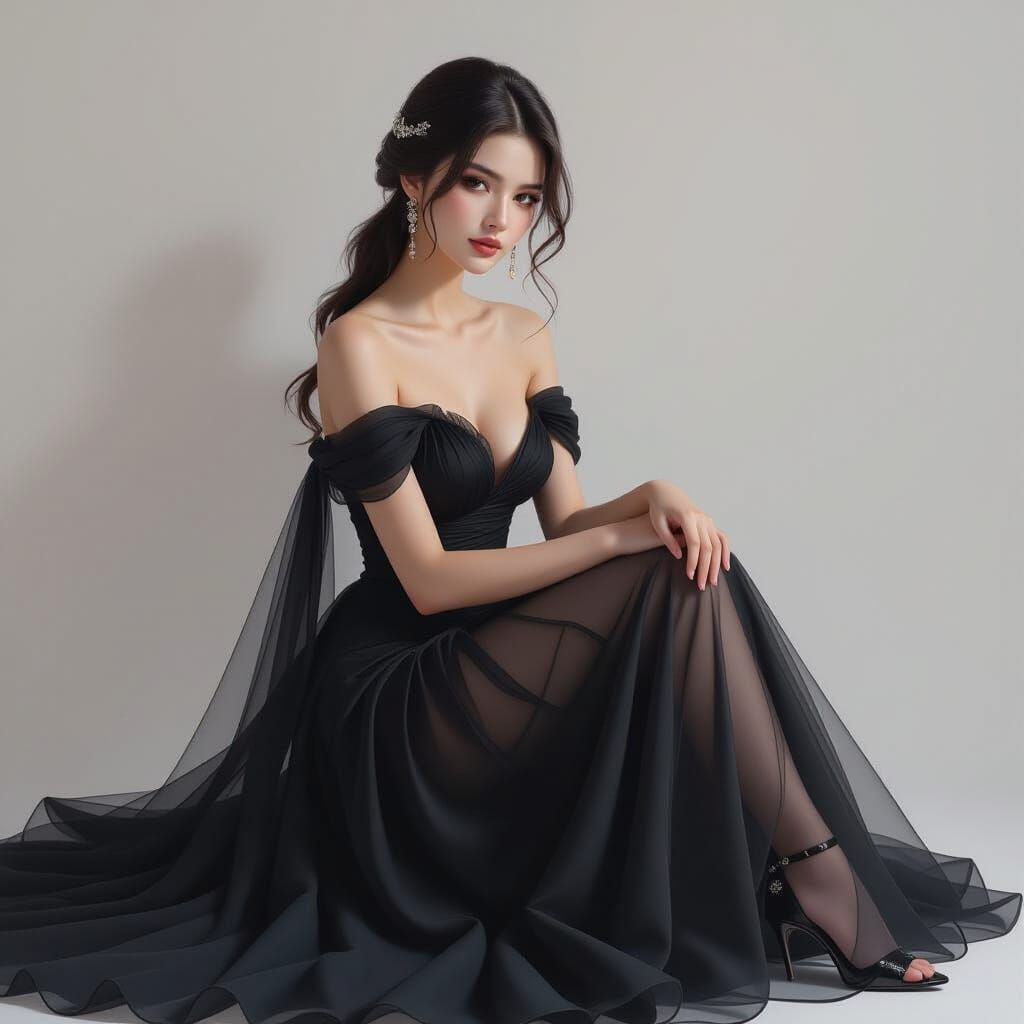 A poised young woman in an elegant black sheer gown sits gra...