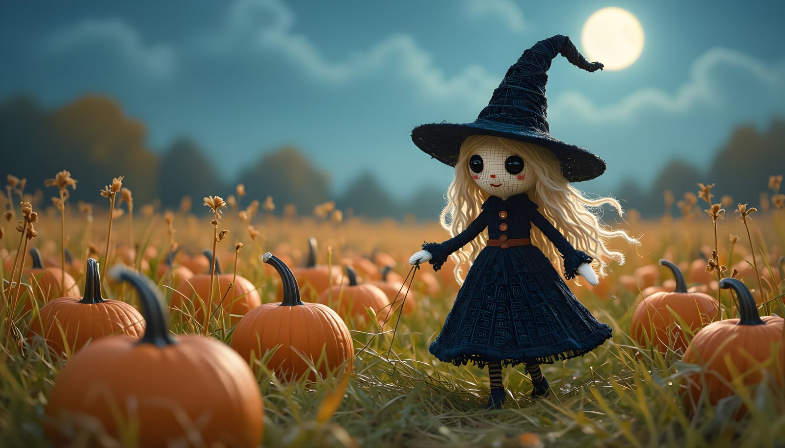 Whimsical Witch String Figure in Moonlit Pumpkin Field