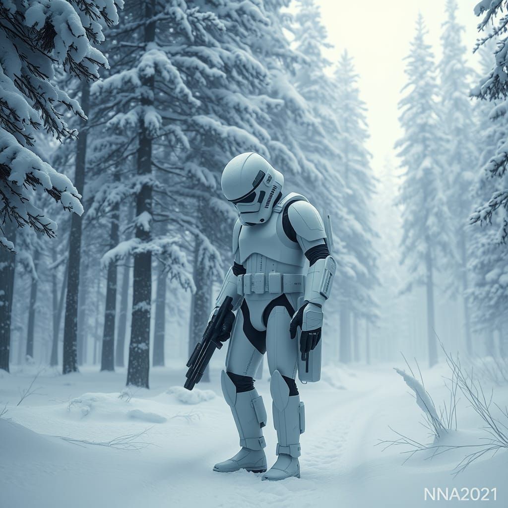 Snow Trooper in Winter Forest, Digital Painting Style